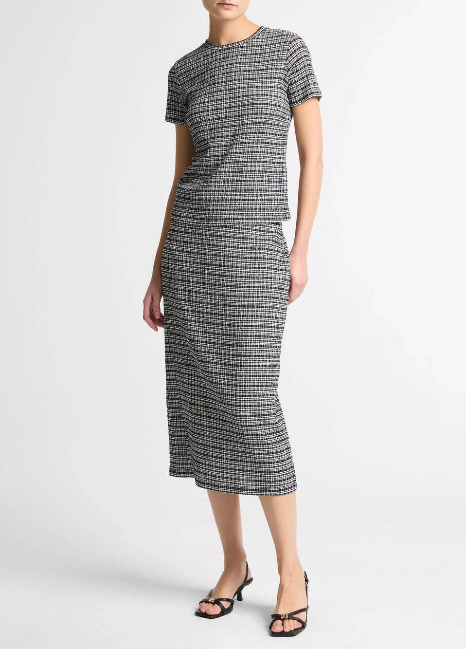 NEW VINCE plaid grid-knit short-sleeve crew neck top in eclipse combo